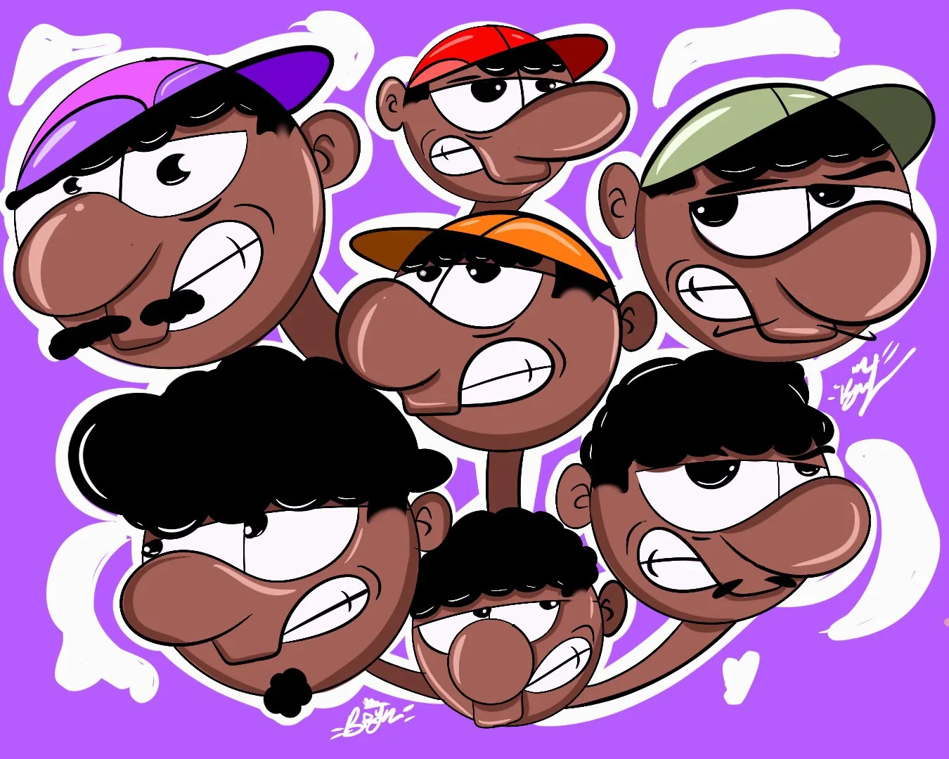 Collage de ocho cabezas del mismo personaje con distintas gorras, sobre fondo morado