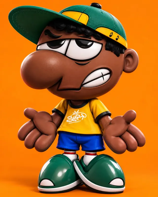 El mismo personaje con gorra verde y amarilla, camiseta amarilla, pantaloneta azul y chanclas verdes, sobre fondo naranja